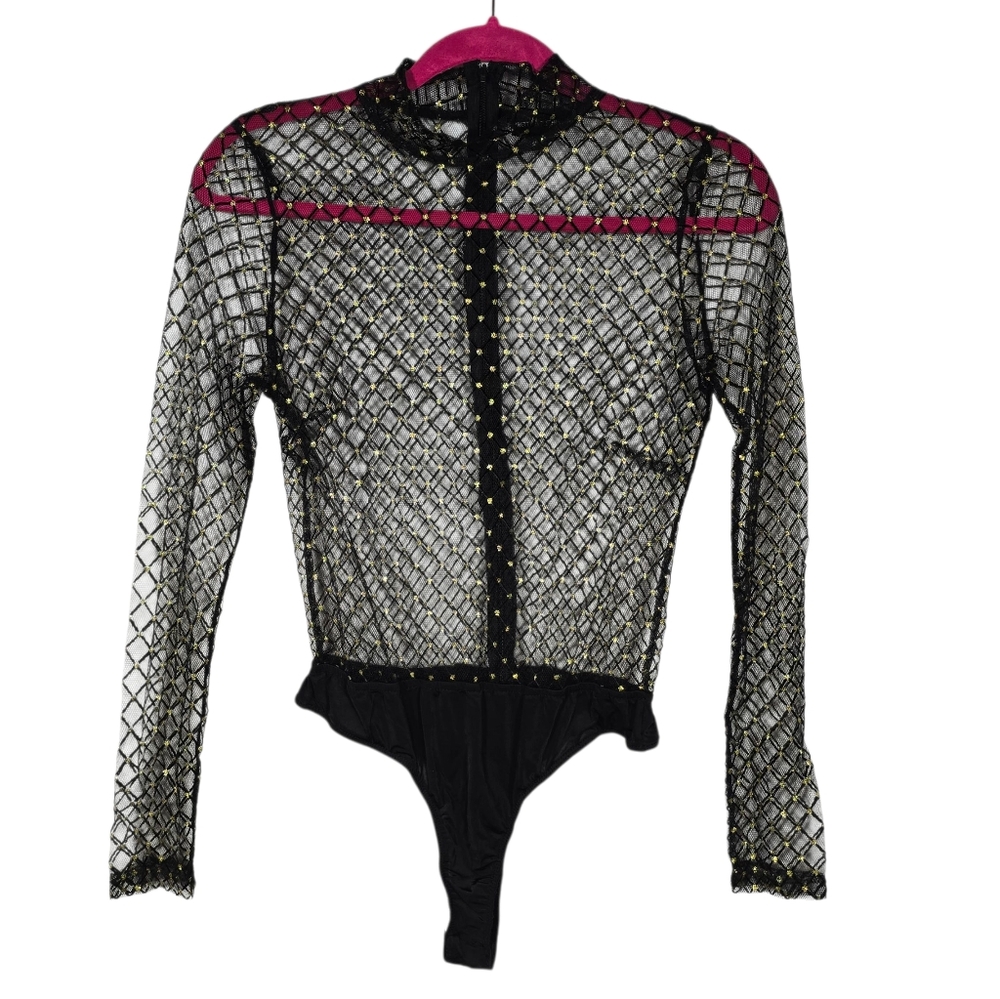 PrettyLittleThing Size 10 Black and Gold Mesh Sheer Long Sleeve Bodysuit